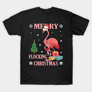 Flamingo Drink Wine Snow Xmas Tree Merry Flocking Christmas T-Shirt